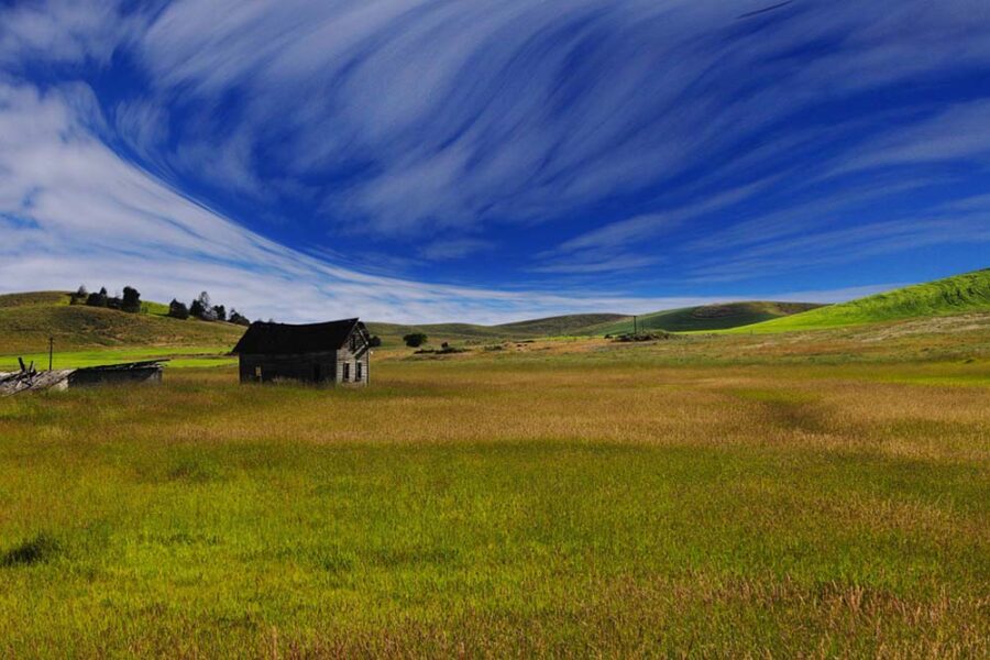 Wooden house in open fields