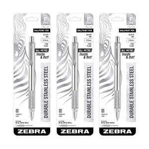 Zebra-F-701-Ballpoint-Pens,-Stainless-Steel-with-Knurled-Grip,-Pk-of-3-Pens